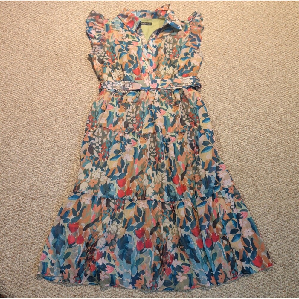 Zesica Tiered Tie Waist Floral Dress Womens M Ruffle Sleeve Cottagecore Belted